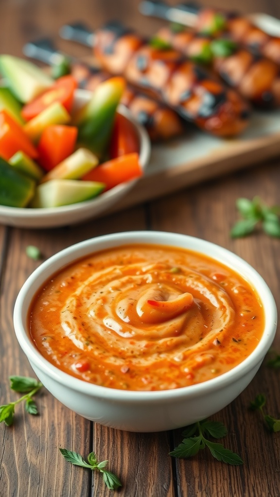 Creamy Greek yogurt barbecue sauce in a bowl with fresh herbs, served with grilled chicken and vegetables.